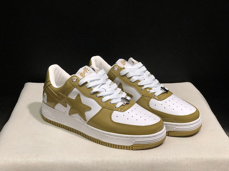 BAPE STA White and Olive Green Low-Top Sneakers