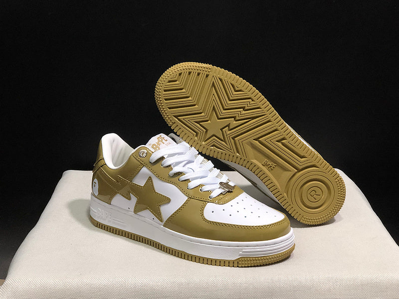 BAPE STA White and Olive Green Low-Top Sneakers