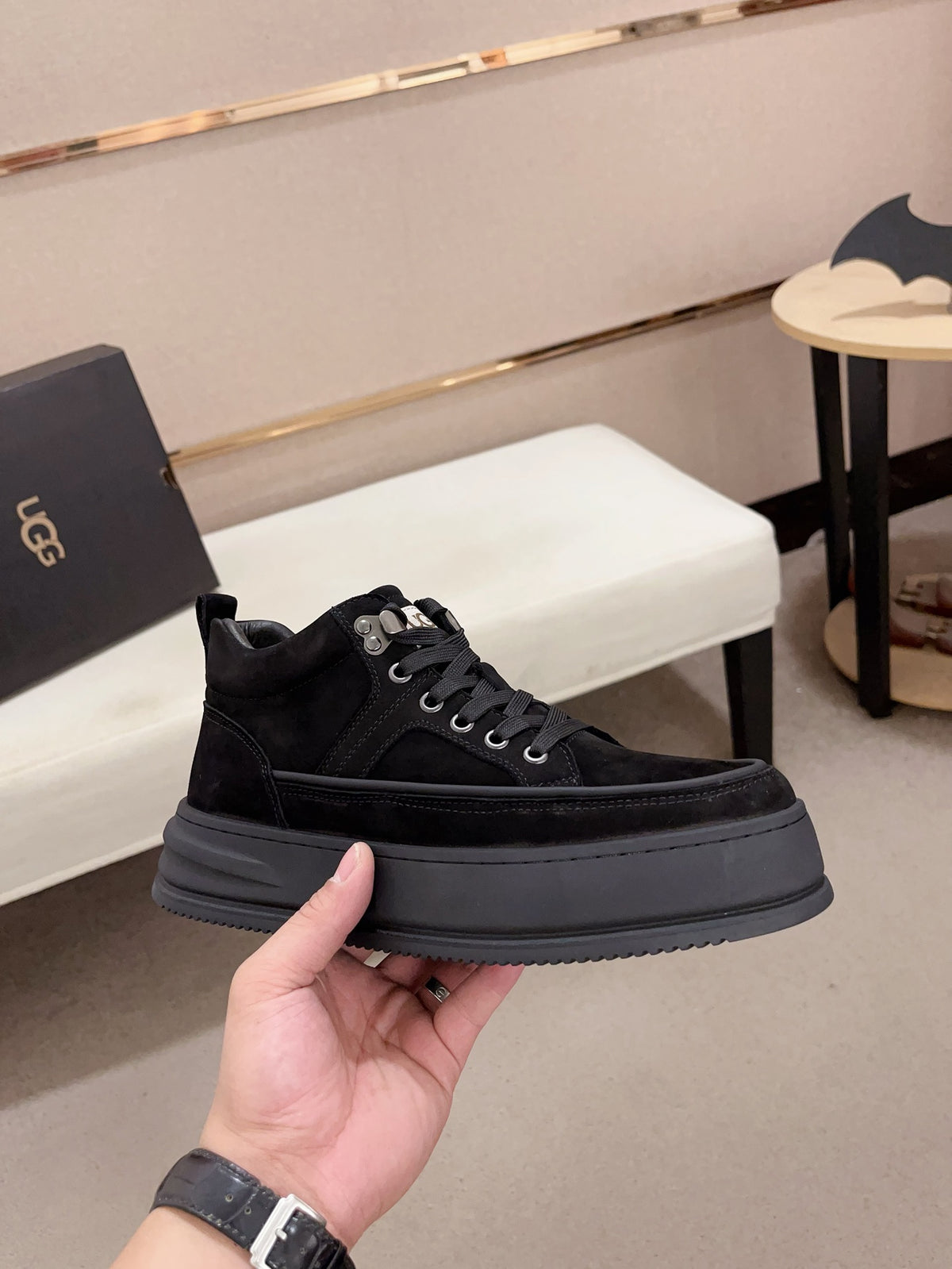Black Suede & Leather Moc-Toe Platform Boot